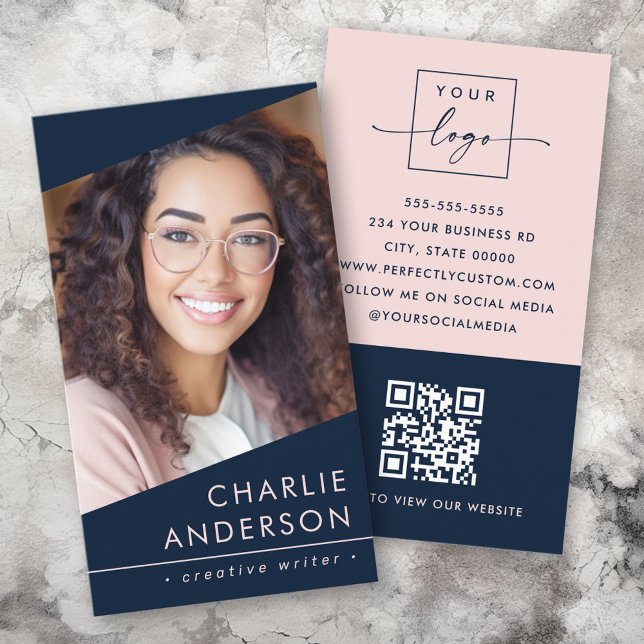 Carte De Visite Logo photo QR code moderne bleu foncé professionne (Créateur téléchargé)