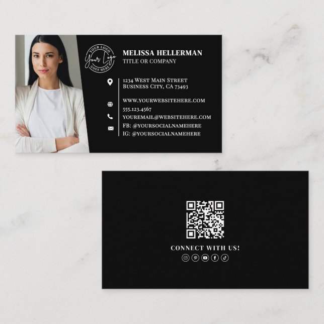 Carte De Visite Logo photo QR Code professionnel noir moderne (Devant / Derrière)