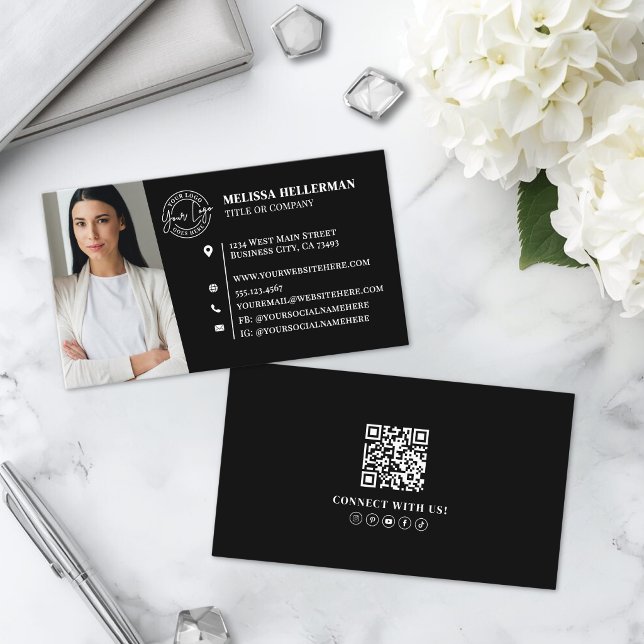 Carte De Visite Logo photo QR Code professionnel noir moderne (Modern Black Professional QR Code Photo Logo Business Card )