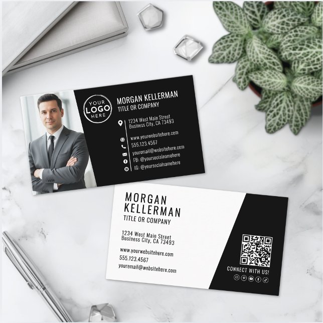 Carte De Visite Logo photo QR Code professionnel noir moderne (Modern Black Professional QR Code Photo Logo Business Card )