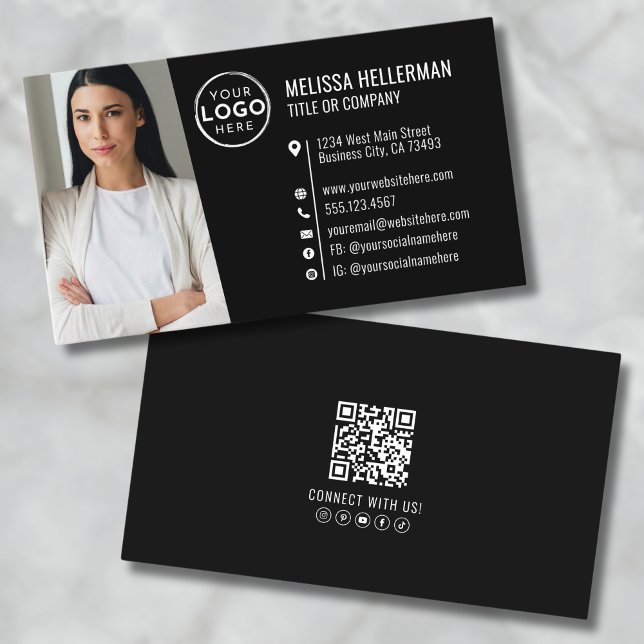Carte De Visite Logo photo QR Code professionnel noir moderne (Modern Black Professional QR Code Photo Logo Business Card )