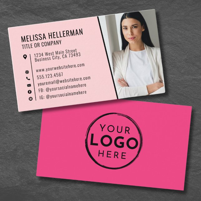 Carte De Visite Logo Photo Rose Professionnel (Girly Hot Pink Photo Logo Professional Business Card)