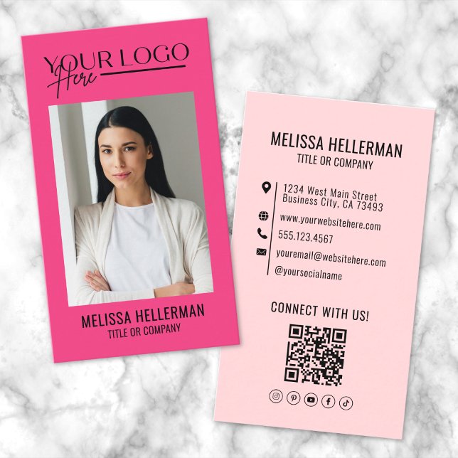 Carte De Visite Logo Photo Vertical Rose Code QR Professionnel (Professional QR Code Pink Photo Logo Vertical Business Card)