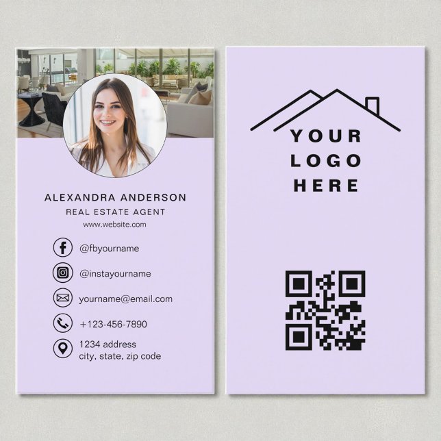 Carte De Visite Logo photo violet de l'agent immobilier QR Code (Créateur téléchargé)
