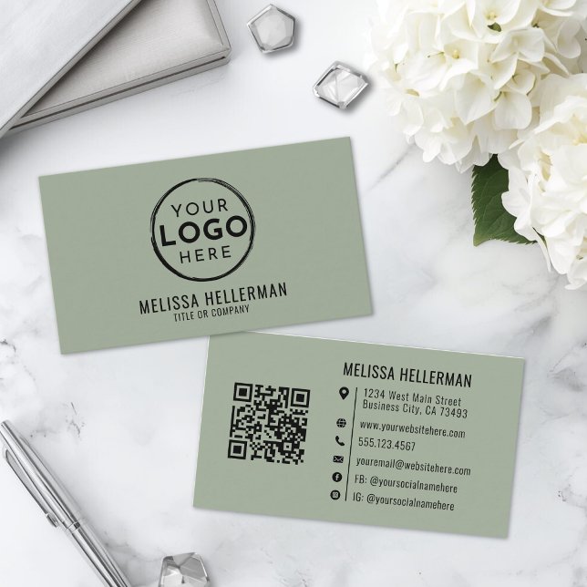 Carte De Visite Logo Professionnel Code QR Vert Sauge (Sage Green Professional Logo QR Code Business Card)