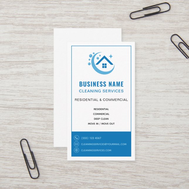 Carte De Visite Logo professionnel de services de nettoyage bleu (Devant/Arrière en situation)