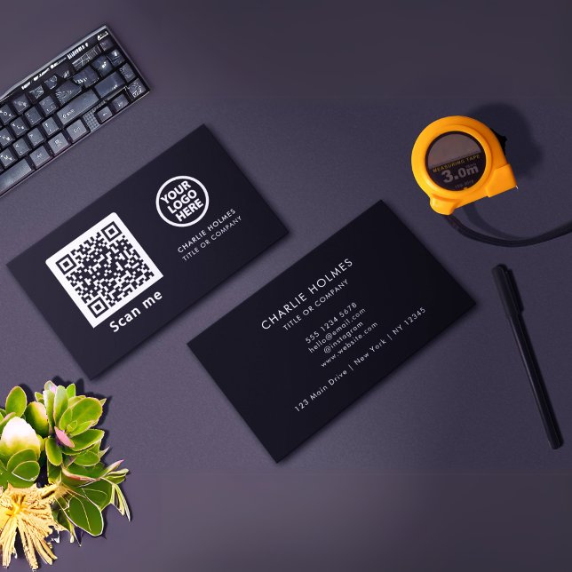 Carte De Visite Logo professionnel du code QR | Noir moderne profe (Créateur téléchargé)