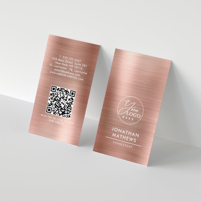 Carte De Visite Logo professionnel en métal brossé Rose or Code QR (Créateur téléchargé)