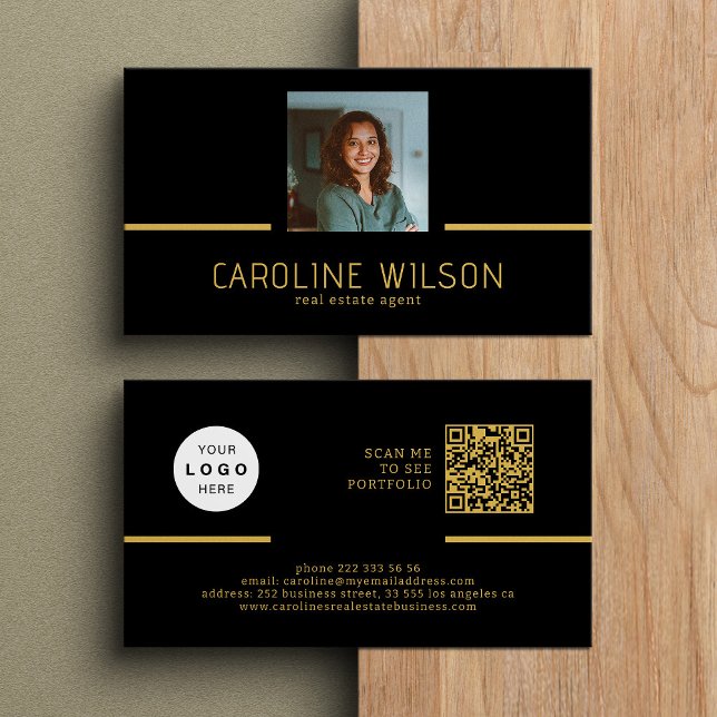 Carte De Visite Logo professionnel moderne QR CODE photo or noir (Créateur téléchargé)