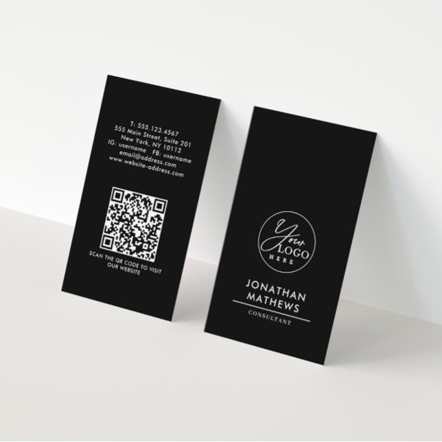 Carte De Visite Logo professionnel noir blanc Code QR (Créateur téléchargé)