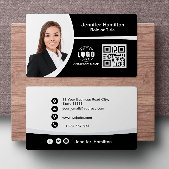 Carte De Visite Logo professionnel noir et blanc QR Code Photo (Créateur téléchargé)