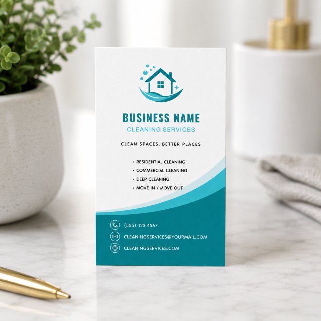 Carte De Visite Logo professionnel sarcelle pour les services de n (Modern Cleaning Services Professional Logo Teal Business Card)