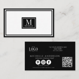 Carte De Visite Logo QR avec bordure noir et blanc Monogramme Mode