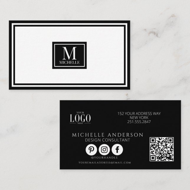 Carte De Visite Logo QR avec bordure noir et blanc Monogramme Mode (Devant / Derrière)
