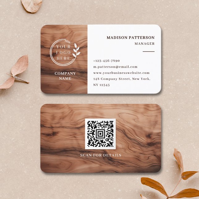 Carte De Visite Logo QR Code à grain de bois moderne (Créateur téléchargé)