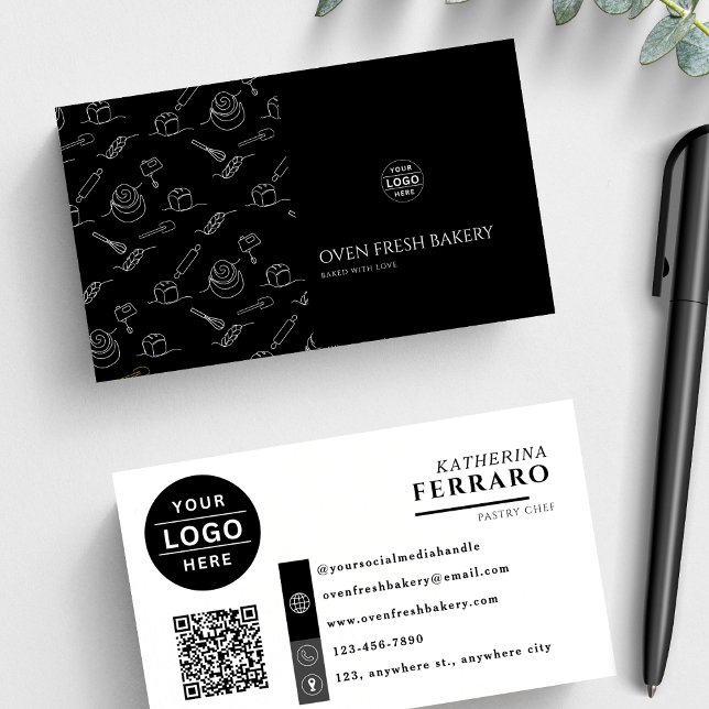 Carte De Visite Logo QR Code Boulangerie blanche noire (Créateur téléchargé)
