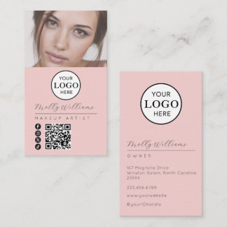 Carte De Visite Logo QR Code Photo Maquillage Écriture Rose Pâle