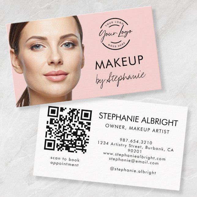 Carte De Visite Logo QR Code Photo Maquillage Écriture Rose Pâle (Créateur téléchargé)