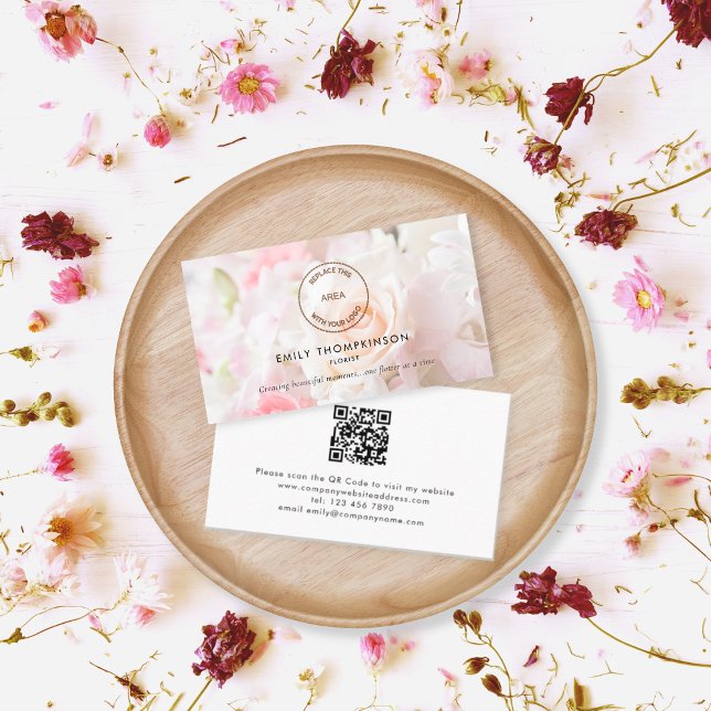 Carte De Visite Logo QR Code Photo Overlay Florist Flower Shop (Créateur téléchargé)