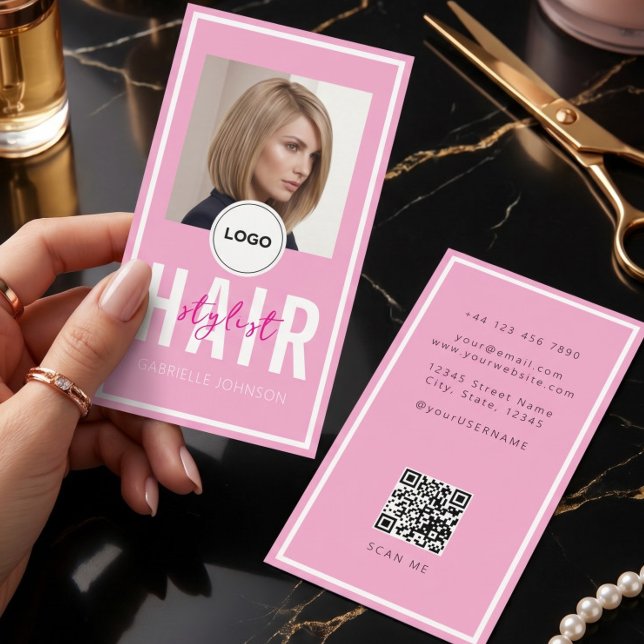 Carte De Visite Logo QR Code Rose Élégant Moderne Coiffeur  (Créateur téléchargé)