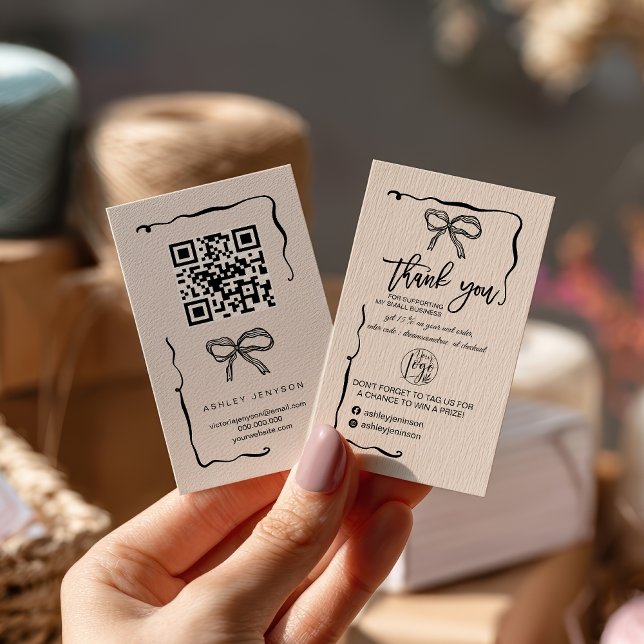 Carte De Visite Logo QR Merci Commande Petite Arc Coquette (Coquette Bow Logo QR Thank You Order Small Business Card)