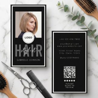 Carte De Visite Logo QR Moderne Avis Coiffeur Cheveux Blancs Noir