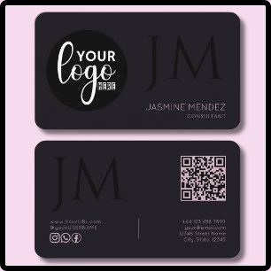 Carte De Visite Logo QR Monogramme Moderne Noir Lavande Foncé Prun