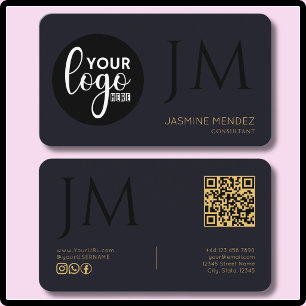 Carte De Visite Logo QR Monogramme Photo Noir Indigo Profond Or