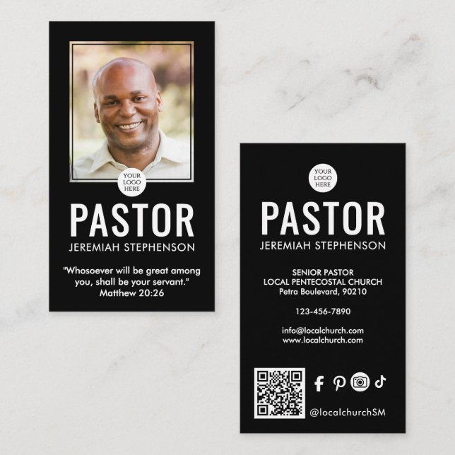 Carte De Visite Logo QR photo noir moderne pour pasteur d'église  (Devant / Derrière)