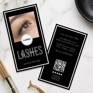 Carte De Visite Logo QR Révision Moderne Artiste de Cils Noir Blan