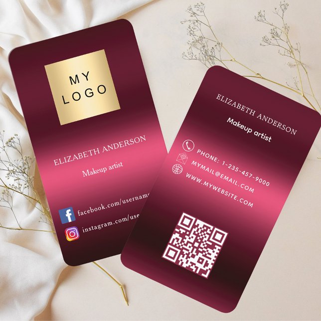 Carte De Visite Logo rose bourgogne Code Qr médias sociaux (Créateur téléchargé)
