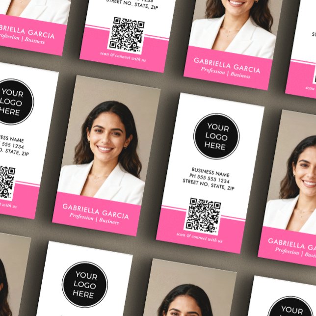Carte De Visite Logo Rose Clair Code QR Photo Professionnel (Image shows standard size business card, choose size and paper type.)