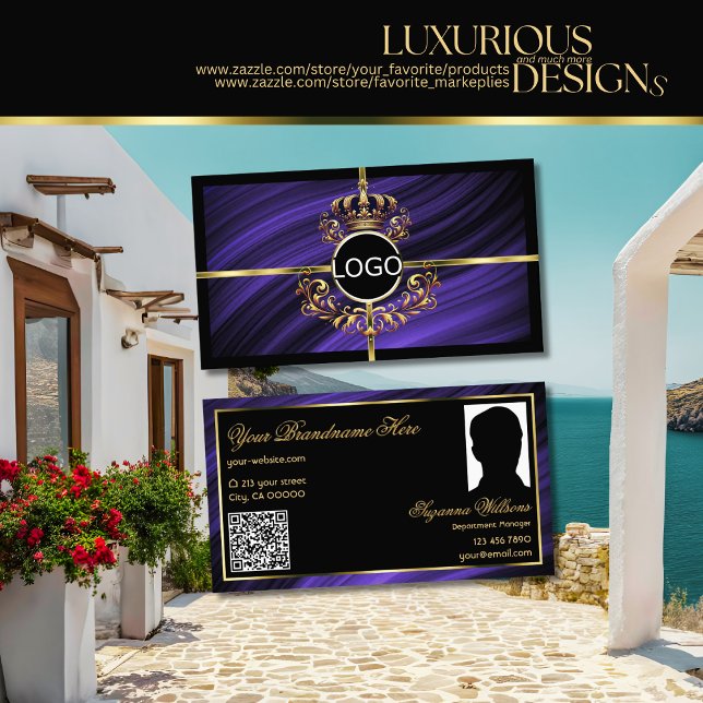 Carte De Visite Logo Royal Blue Gold Couronne opulent Photo Code Q (Créateur téléchargé)