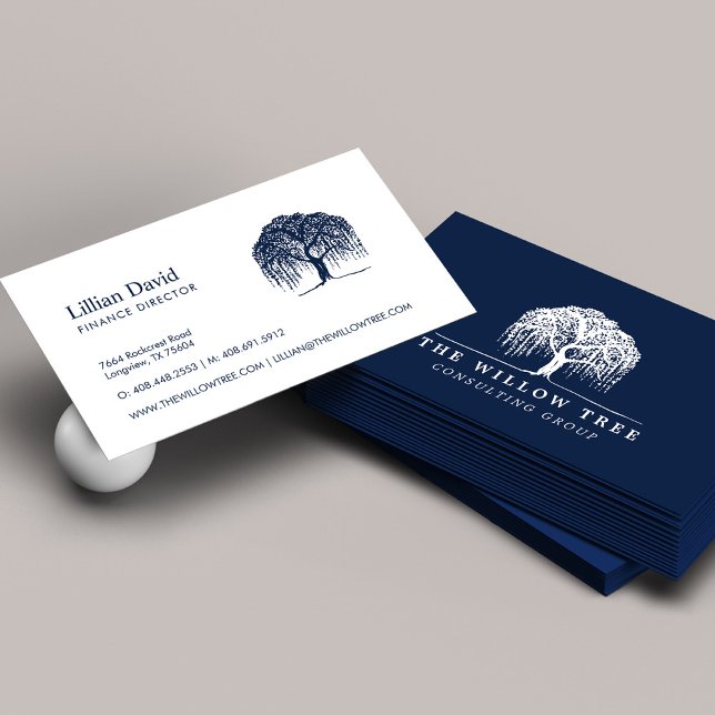 Carte De Visite Logo Rustic Modern Navy Blue & White Willow Tree (Créateur téléchargé)