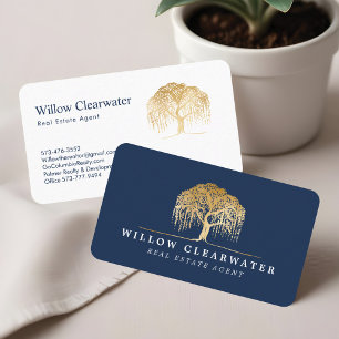 Carte De Visite Logo Rustic Modern Navy & Gold Willow Tree