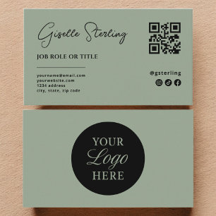 Carte De Visite Logo Sage Green Code QR Minimaliste Professionnel