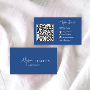 Carte De Visite Logo script blanc bleu maquillage cheveux qr code