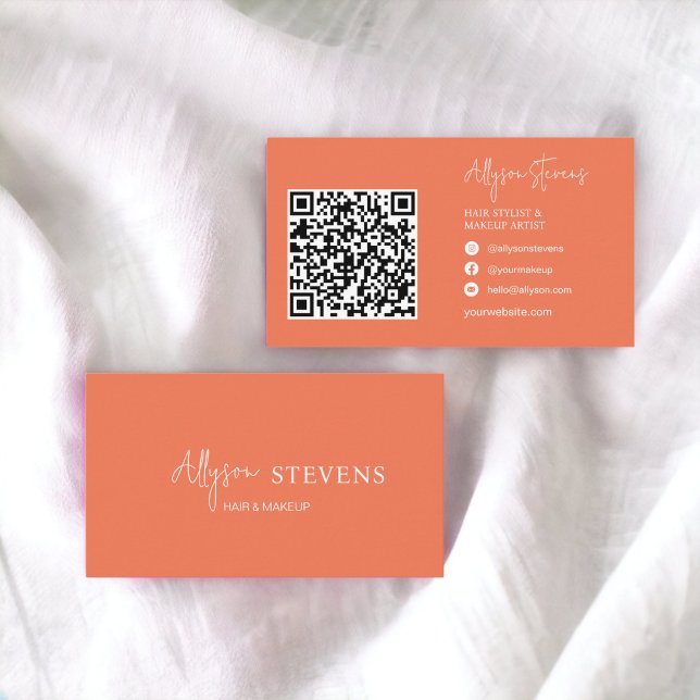 Carte De Visite Logo script corail blanc orange maquillage cheveux (Logo script white coral orange hair makeup qr code business card)