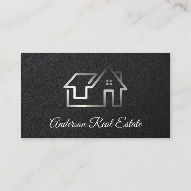Carte De Visite Logo Silver Real Estate | Cuir noir (Devant)