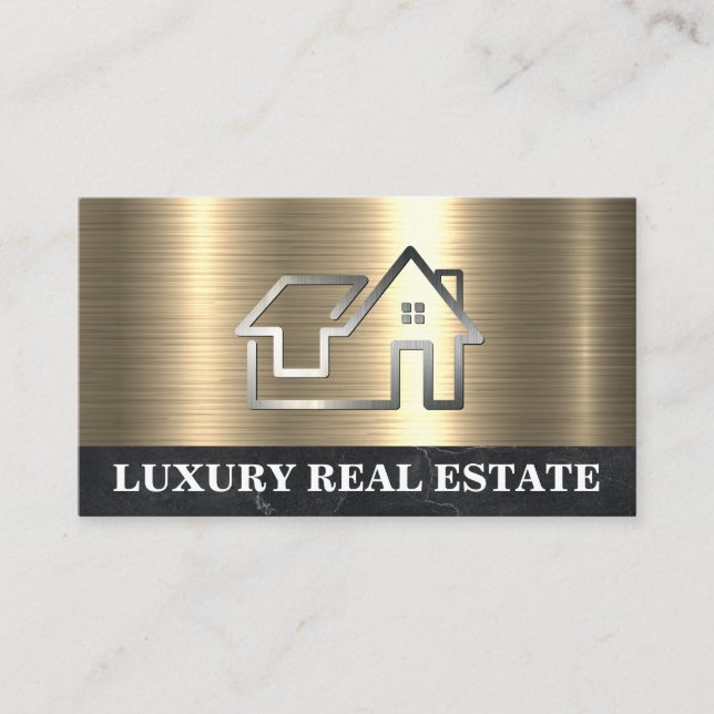Carte De Visite Logo simple de la maison en métal | Marbre doré (Devant)
