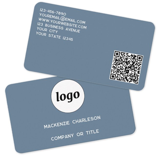Carte De Visite Logo Simple et Code QR Gris Bleu Poussiéreux (Logo with QR code custom text blue gray professional business card)