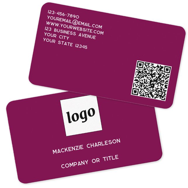 Carte De Visite Logo simple et code QR Magenta Pink (Simple logo QR code custom text professional branding promotional business card dark magenta pink)