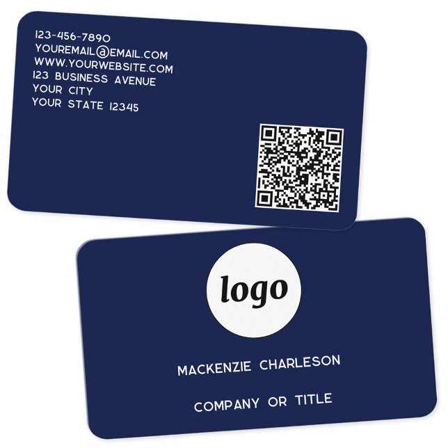 Carte De Visite Logo simple et code QR Navy Blue (Logo with QR code and custom text navy blue professional business card)