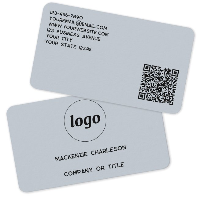 Carte De Visite Logo simple et code QR Poudre bleu (Simple logo with QR code and custom text dusty powder blue business card)