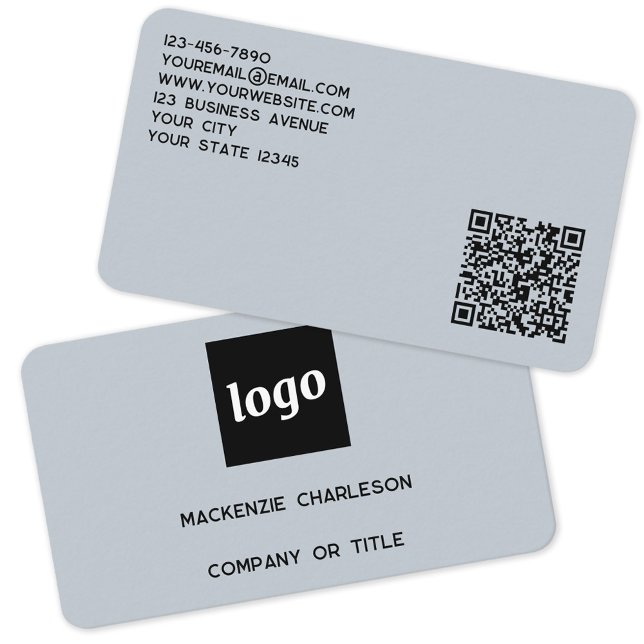 Carte De Visite Logo simple et code QR Poudre bleu (Simple logo with QR code and custom text dusty powder blue business card)