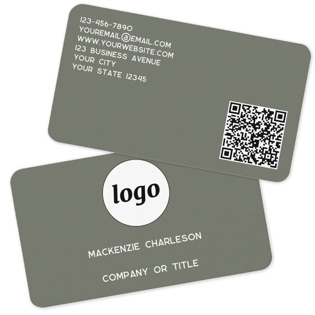 Carte De Visite Logo simple et code QR Sage Green (Logo QR code and custom text minimalist professional sage green business card)