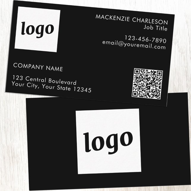 Carte De Visite Logo simple et code QR texte noir (Logo with QR code and custom text black business cards)