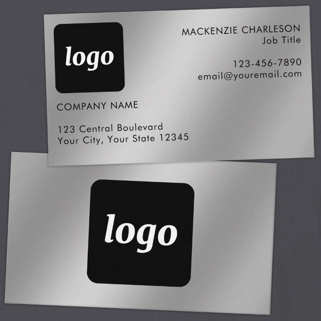 Carte De Visite Logo simple et texte effet argent (Simple logo with custom text business branding promotional silver metallic finish business cards)