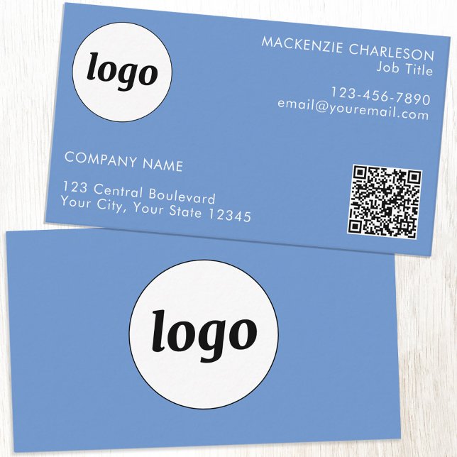 Carte De Visite Logo simple et texte QR Code bleu (Simple logo with QR code custom text professional branding sky blue business card)