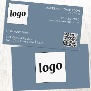 Carte De Visite Logo simple et texte QR Code Dusty Blue Grey
